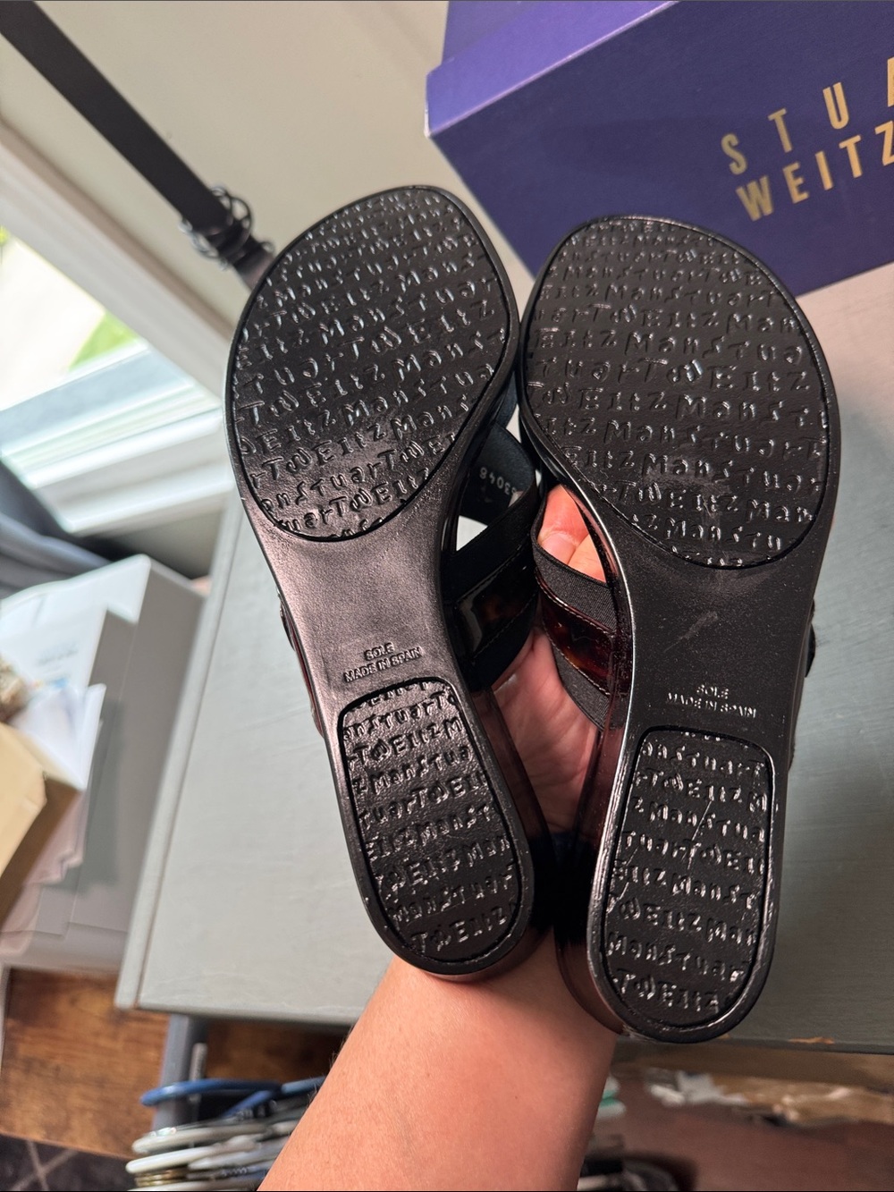 Stuart Weitzman Dark Tortoiseshell Brown Wedge Slide Sandals Size 9.5 with Box - Picture 5 of 5